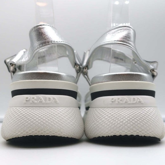 Prada Platform Ankle Strap Sandals Silver Metallic Leather Size 41 - Picture 8 of 11